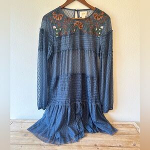 Maeve Blue Sheer Long Sleeve Dress With Embroidered Flowers Around Neck Size L